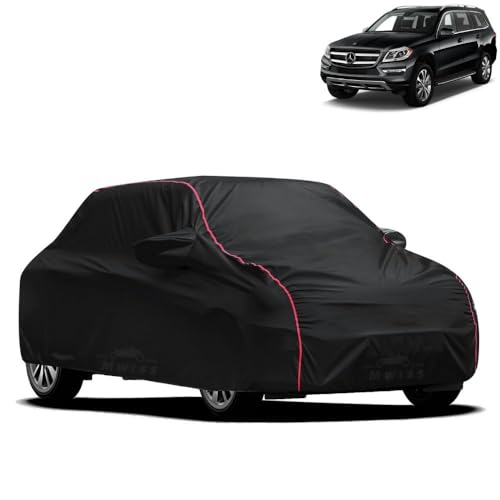 Image of Waterproof Car Cover for Mercedes Benz ML250 | All-Weather Protection, Dustproof & UV Resistant | Triple Stitched Mirror Pockets, Windproof Buckle Strap with Elastic Hem, Black-Red Piping