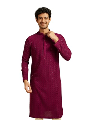 DIWAS BY MANYAVAR Men's Viscose Embroidery|Sequin Work Kurta (Wine,L)