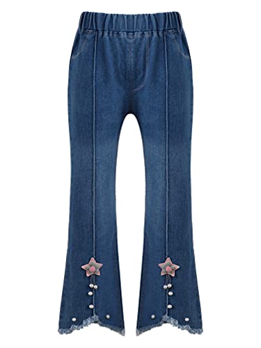 Kids Girls Elastic Waist Flared Denim Pants with Pearls Raw Hem Ripped Jeans Casual Wear