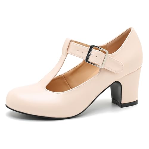 Women's T-Strap Mary Jane Pumps Round Closed Toe Comfortable Low Chunky Block Heel Wedding Dress Evening Party Shoes