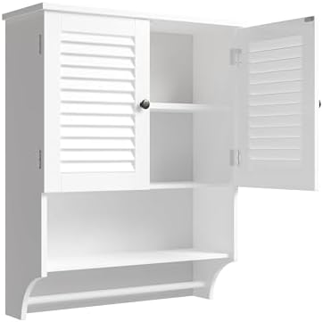 ChooChoo Bathroom Medicine Cabinet 2-Door Wall Cabinet Wood Hanging Cabinet with Adjustable Shelves and Towels Bar, White