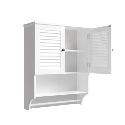 ChooChoo Bathroom Medicine Cabinet 2-Door Wall Cabinet Wood Hanging Cabinet with Adjustable Shelves and Towels Bar, White