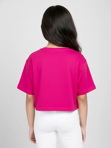 Image of KiddoPanti Girls 100% Cotton Solid Drop Shoulder Half Sleeve Round Neck Crop Tee