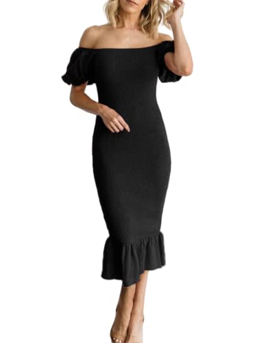 Berrygo Women's Smocked Bodycon Off Shoulder Puff Short Sleeve Mermaid Dress Ruffle Shirred Party Cocktail Pencil Midi Dress Black Xl #TOP6