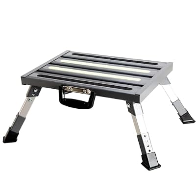 Rv Steps, 4-Level Adjustable Height Folding Camper Steps, Grey Hammer-Tone Non-Slip Fluorescent Strip Aluminum Platform Rv Accessories, Supports Up to 1000 lbs Handle