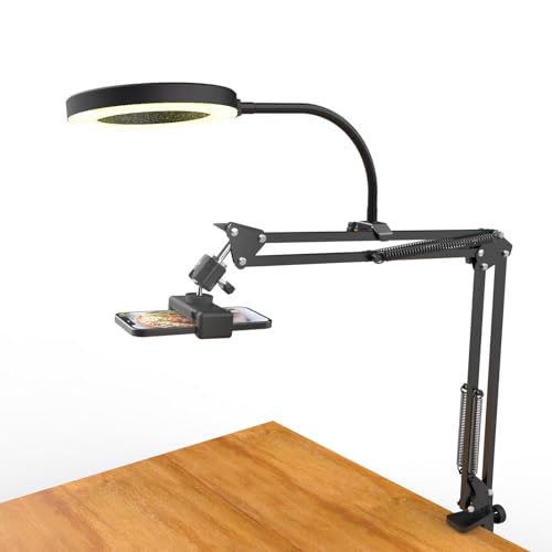 リングライト付きオーバーヘッドカメラマウント、iPhone に対応した柔軟な関節式電話アームスタンド Logitech ウェブカメラ、YouTube ライブ ストリーム クッキング ネイル ビデオ録画用デスク三脚