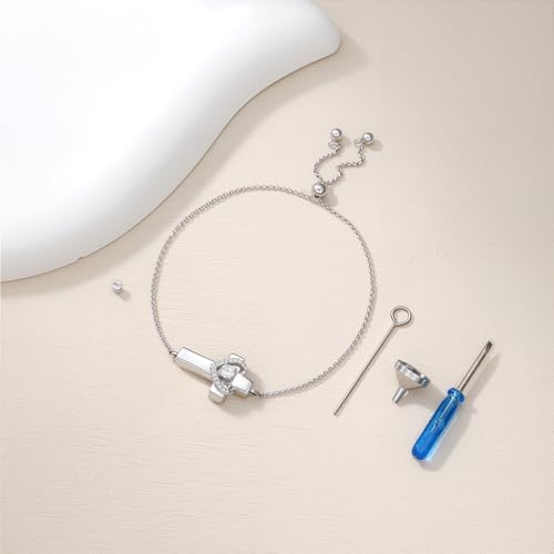 AOBOCO Heart Urn Bracelet for Ashes 925 Sterling Silver Cremation Holds Loved One's Ashes for Women Memorial Keepsake Beangle Embellished with Crystals from Austria (Cross Urn Bracelet)3