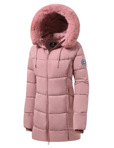 ASPO Women's Winter Puffer Coats Thicken Fleece Lined Waterproof Parka Warm Down Jacket Faux Fur Detachable Hood Hiking Snow Pink L
