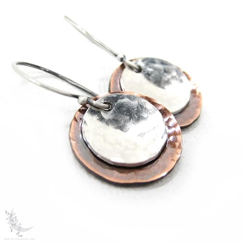 Mixed-Metal-Antiqued-Copper-Sterling-Silver-Earrings-Small-Upcycled-Hammered-Silver-Dangle-Earrings-Rustic-Minimalist-Boho-Jewelry-Copper-Earrings-Gift