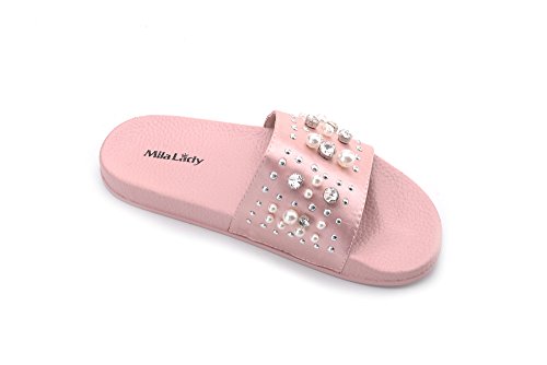 Mila Lady Womens Pearl Slides Sandals Slipper for Indoor Outdoor Beach Casual Shoes, Sandy Pink 8