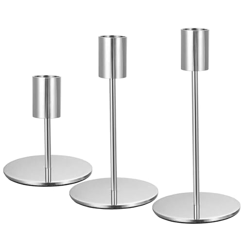 Vintage Kerzenständer für Stabkerzen - Elegante Kerzenhalter für Hochzeit Abendessen & Tischdeko (Metall) (Silvery)