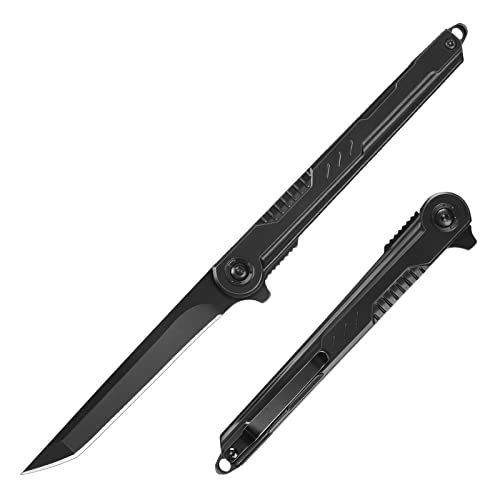 EDC Pocket Knife – 7CR13Mov Steel Tanto Blade, Slim Survival Knife with Clip and Liner Lock, Window Breaker – For Outdoor Camping