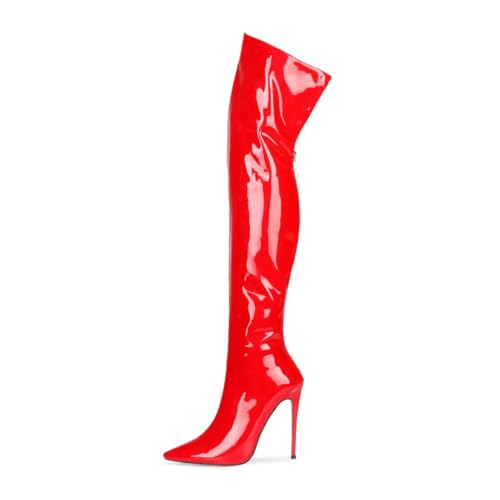 Image of Thigh high boots for women striped Back zipper Burgundy Zebra Print Over the knee Sexy gold white pointed toe Cow Print leopard Magenta stiletto heel