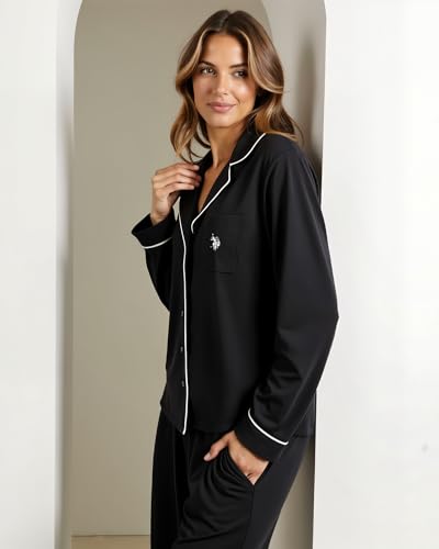 Image of U.S. POLO ASSN. Womens Lightweight Notch Collar Pajama Set | Classic Button Down Pajamas for Women with Long Sleeve Top and Pajama Pants