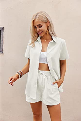 Zeagoo Womens Two Piece Cotton And Linen Matching Button Up Set Casual Tracksuit White #TOP1