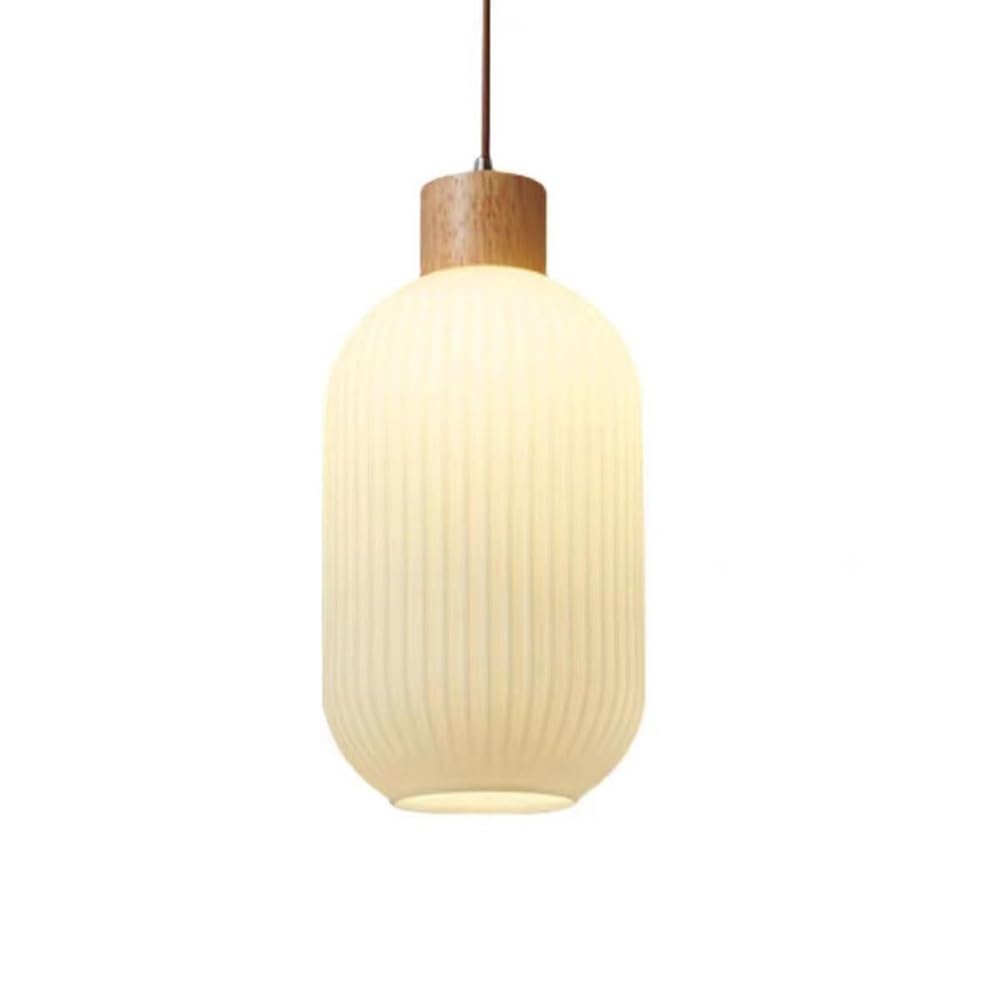 ITOSUI Modern Minimalist Nordic Pendant Light 7.8-Inch Ribbed Glass Wood Shade Hanging Ceiling Fixture 16.1-Inch Tall Cylinder Fixtures with 40-Inch Cord E26 for Kitchen Dining Room Bedside
