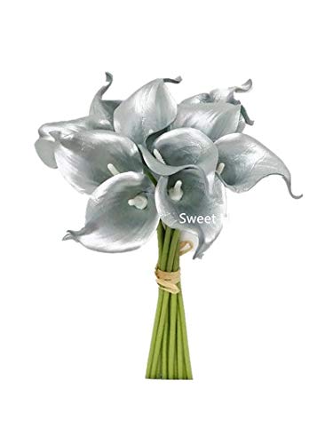 Latex Real Touch 15" Artificial Calla Lily 10 Stems Flower Bouquet for Home/Wedding (Silver)