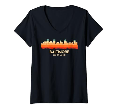 Donna Vintage Retro Style Sun Skyline City in Maryland Baltimore Maglietta con Collo a V
