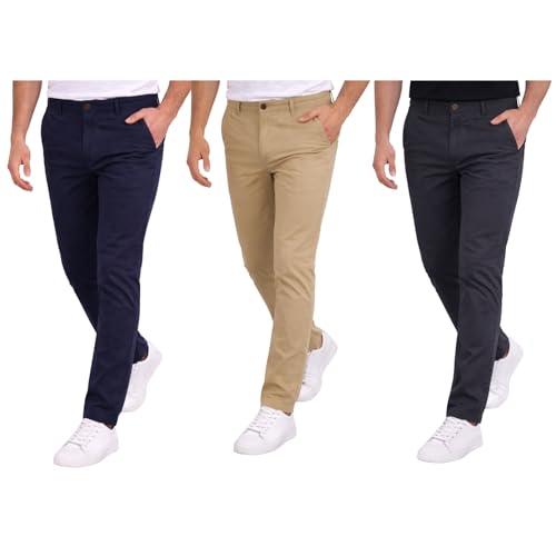 Lista de Pantalones Economicos para Caballero del mes. 40 Paquete de 3 Pantalones Estilo Chino de Gabardina Premium para Hombre - Ideales para Uso Casual y en la Oficina | Ropa y Moda para Hombre - Pantalón de Algodón. (Azul Marino -...