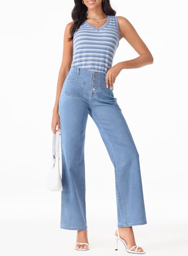 Sidefeel Women's Wide Leg High Waisted Stretchy Tummy Control Zimbaplatinum Jeans3