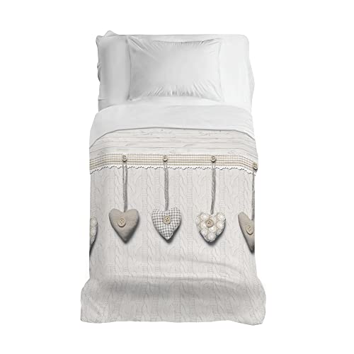 PENSIERI DELICATI Toile Couvre-lit 1 Personne, 170 x 280 cm, Toile Simple 100% Coton Pique, Idéale comme Toile Ameublement, Couverture Save Lit Simple, Fantaisie Coeur Pendu Beige, 100% Made in Italy