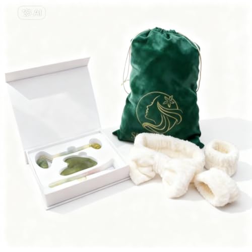 SKINNOVE Kit de masaje facial de jade – rodillo, piedra Gua Sha, espátula, diadema y bolsa de terciopelo