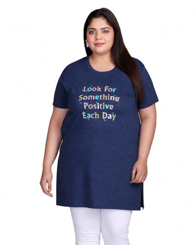 Image of In Love Women Cotton Regular Fit Plus Size Long-Line Chest Print T-Shirt with Pocket