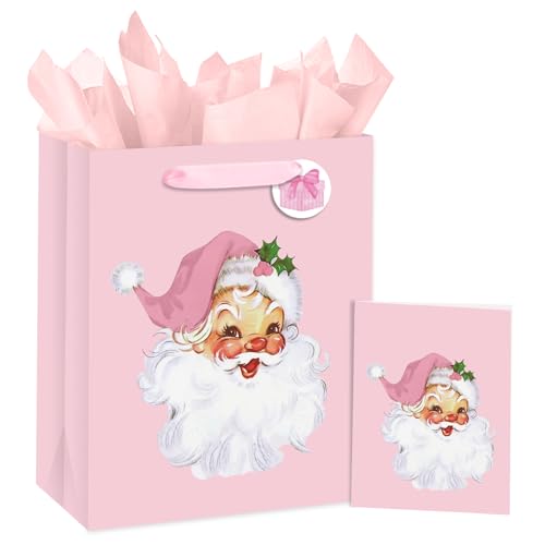 Loveinside Pink Santa Christmas Gift Bag for Women Girls Retro Santa Face Design with Holly Pink Medium Gift Bag with Tissue Paper Tag Card for Holiday Christmas Party 10 x 5 x 13 1 Pcs