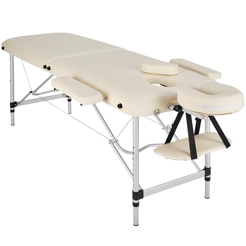 TecTake® Camilla Masaje Plegable, Camilla Profesional Fisioterapia, Quiromasaje, Tatuajes, Reiki, Camilla Estética Profesional de Aluminio, Ajustable en Altura, 2 Zonas, con Bolsa Transporte - Beige