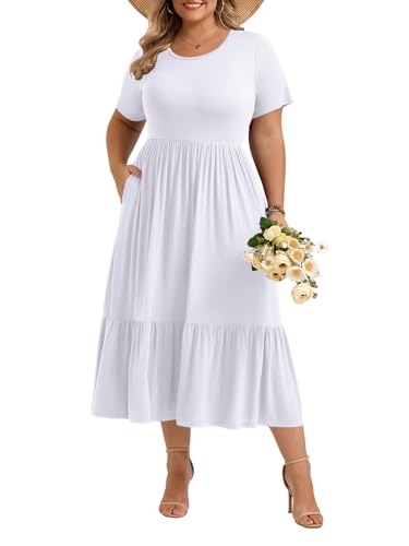 Image of LARACE Plus Size Dresses for Women Summer Casual Short Sleeve Long Dress Flowy Maxi Beach Dresses with Pockets L-6XL