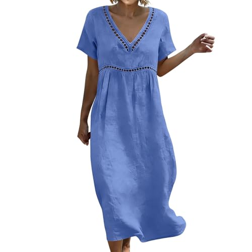 Vestido de verano para mujer, largo, bohemio, elegante, manga 3/4, vestido maxi de lino, vestido de ocio, ligero y aireado, vestido de blusa, vestido de playa, cintura alta, vestido de lino, para