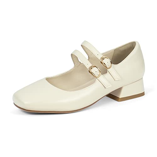 elerhythm Mary Jane Square - Zapatos de tacón bajo con doble correa en el tobillo, estilo informal, con puntera cerrada, blanco perla (ral 1013), 39 EU