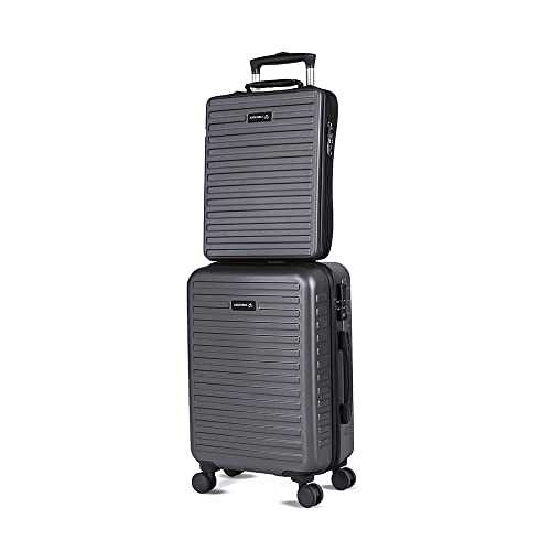 Image of Assembly Cabin Suitcase Small & Hard Shell Laptop Bag with Flat-Lay Opening, 8 Spinner Wheels, Premium Polycarbonate Hard Shell Carry On Luggage Combo for Business Travel, Grey