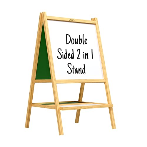 Image of GOSHU 4 Ft. Double Sided Wooden Easel Stand Whiteboard and Chalkboard for Adults, A-Type Foldable Writing Board with Tray for Classroom, Office, Coaching and Home Use (Teens, Pack of 1 Item)