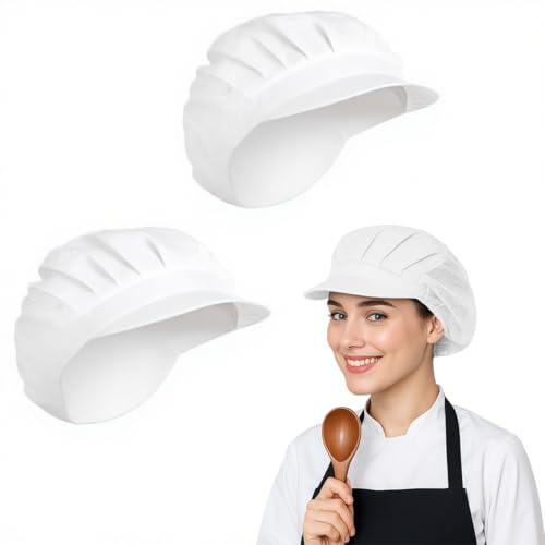 COYUN 2 unidades gorro de cozinheiro, gorro de cozinha para mulher, gorro de chef rede para cozinha meia malha elástica respirável para padeiro, com chapéu de chef com asa, redes para o cabelo
