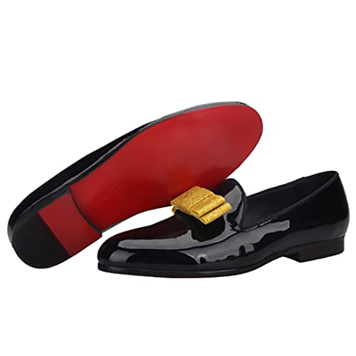 FERUCCI Men Plain Black Patent Leather with Gold Bow Slippers Loafers Prom Wedding4