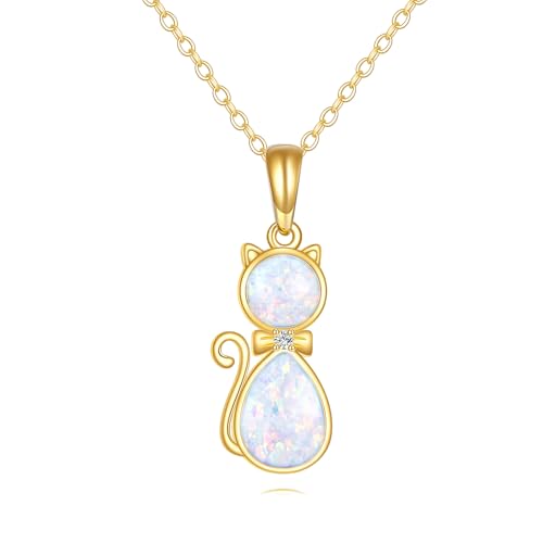 DOVRAN 14K Solid Gold Cat Necklace for Women 14K Gold Opal/Lapis Lazuli/Black Onyx Necklace Cat Pendant Jewelry Gift for Women