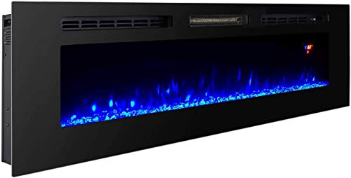 3GPlus 60 Inches Electric Fireplace Wall Recessed Heater Crystal Stone Flame Effect 3 Changeable Color, 2 Remotes, 1500W - Black