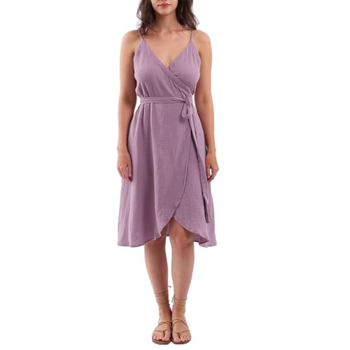 Image of Amazhiyu Women's Cotton Gauze Summer Midi Wrap Dress | Spaghetti Strap, Sleeveless, with Pockets, V-neckline