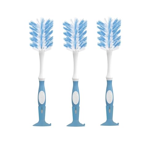 Image of Dr. Brown's Deluxe Bottle Brush for Cleaning Baby Bottles, Nipples, and Sippy Cups with Suction Cup Stand and Vent Brush, BPA-Free, Blue, 3-Pack