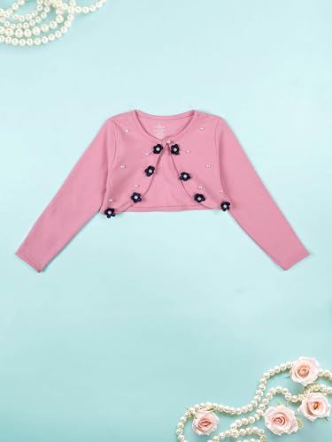 Image of KiddoPanti Girls Fleece Crop Length Shrug | Cotton Poly Fleece Fabric |Sequin Patch on Chest | Front Open Pearl Button Closure | Crop Length, Full Sleeve | Lightweigth & Breathable Girls Shrug