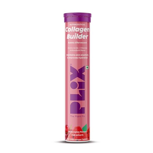 PLIX - THE PLANT FIX Collagen Builder Bubbly Effervescent - 15 Tablets (Watermelon) for Hydrated Skin & Anti-Aging | Amino Acid Blend For Collagen Production | Vitamin C & E | 100% Vegan