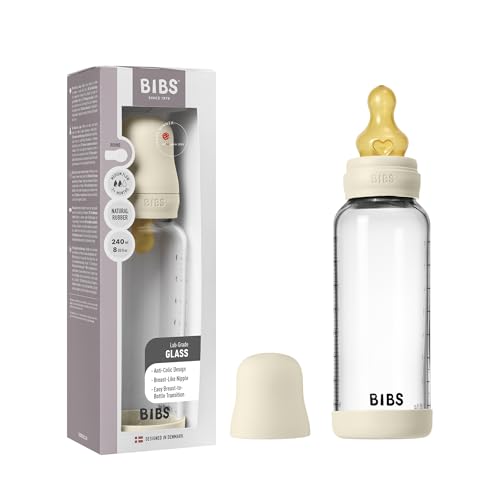 Image of BIBS Baby Glass Bottle. 240ml. Anti-Colic. Vented Round Natural Rubber Latex Nipple. Supports Natural Breastfeeding, Medium Flow, Complete Set - 240 ml, Ivory