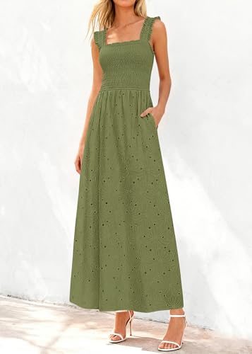 Image of KIRUNDO Summer Lace Dress for Women Eyelet Maxi Sundress | Boho Sleeveless Cotton Flowy Long Dresses, Wedding Guest, Beach Vacation, Baby Shower Guest Dress, Smocked Bust, With Pockets