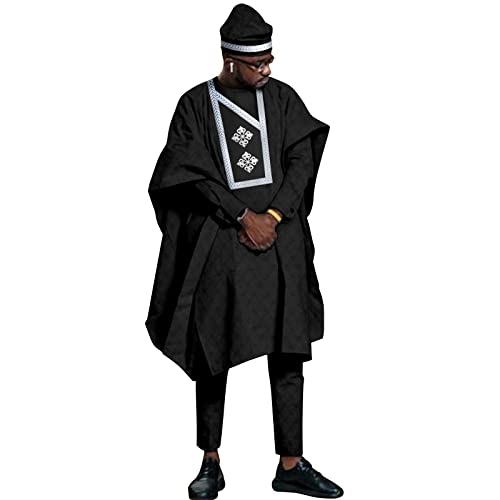 African Traditional Men's Agbada Set 4 Pieces Robe +Shirt +Pants Set with Hat Wedding Business Wear