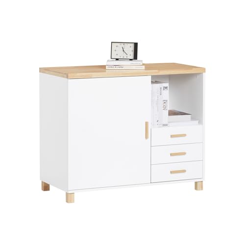SoBuy Mueble Impresora Armario Oficina con 3 Cajones y 1 Compartimento Abierto Soporte Impresora Mesa Auxiliar Blanco y Natural 90x45x75cm ASK07-WN ⭐