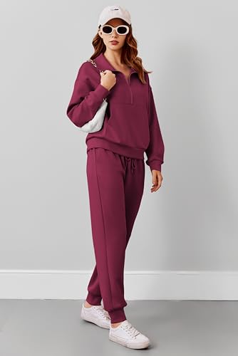 Image of PINSPARK 2 Piece Sets for Women Long Sleeve Half Zip Tracksuit Jogger Sets | 2026 Fall Travel Outfits Lounge Set, Lightweight Soft Air Layer Fabric, Kangaroo Pocket Sweatshirt, Drawstring Joggers Pants