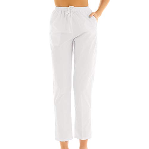 TiaoBug Mujer Uniforme Pantalón Sanitario de Trabajo Cintura Elástica Blanco Verano Disfraces Laboral Médico Enfermera Limpieza Veterinaria Sanidad Profesional con Bolsillo Blanco Large Cover
