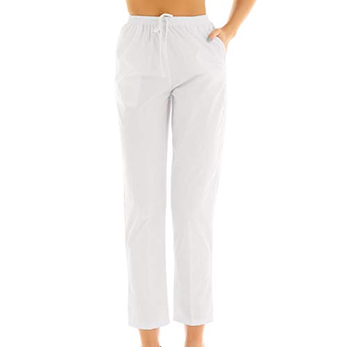 TiaoBug Mujer Uniforme Pantalón Sanitario de Trabajo Cintura Elástica Blanco Verano Disfraces Laboral Médico Enfermera Limpieza Veterinaria Sanidad Profesional con Bolsillo Blanco Small