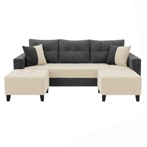 Image of SLEEPIFY Harlon Velvet-Suede Fabric 3 Seater Sofa Set with 2 Ottoman (Dark Gray - Cream) | Comfortable & Spacious Seating | Modern Sofa Set for Living Room | Soft Touch Upholstery